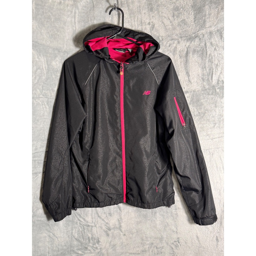 New Balance Womens Black Pink Windbreaker Hooded Jacket Full Zip Mesh M
β Lined